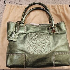 Loewe Metallic Green Anagram Embossed Leather Tote
